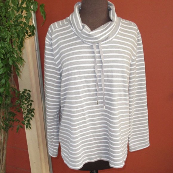 Karen Scott Sport Cowl-neck Sweater Gray Stripe